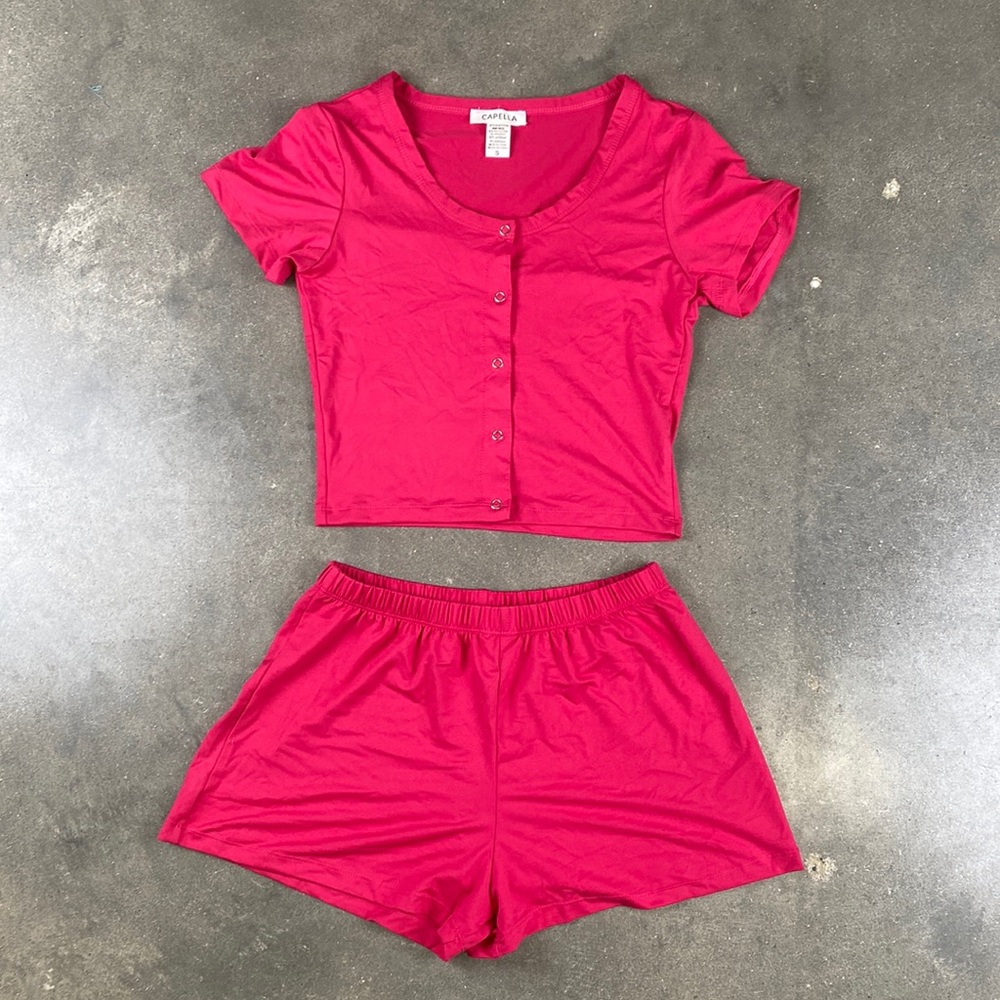 Hot pink cropped tank top and shorts set